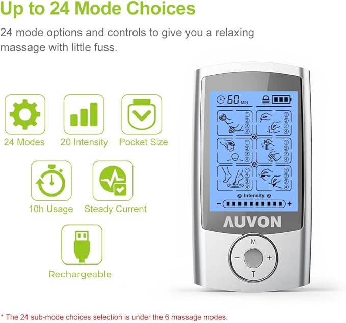 AUVON Rechargeable TENS Unit Muscle Stimulator, 24 Modes 4th Gen TENS Machine