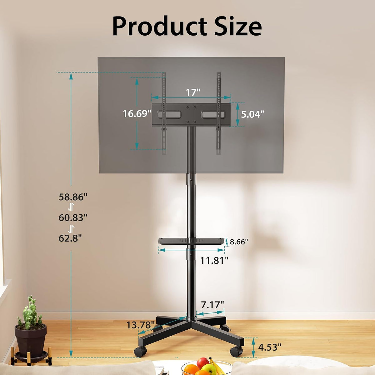 olixis rolling tv stand with wheels, portable tv, close-up detail