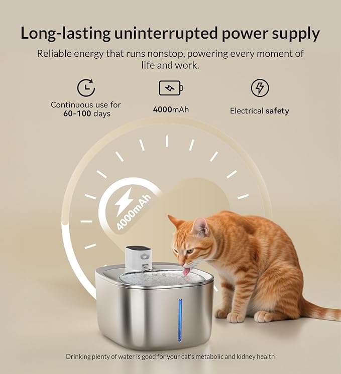 Wireless Cat Water Fountain Stainless Steel, 135floz/4L Battery Operated