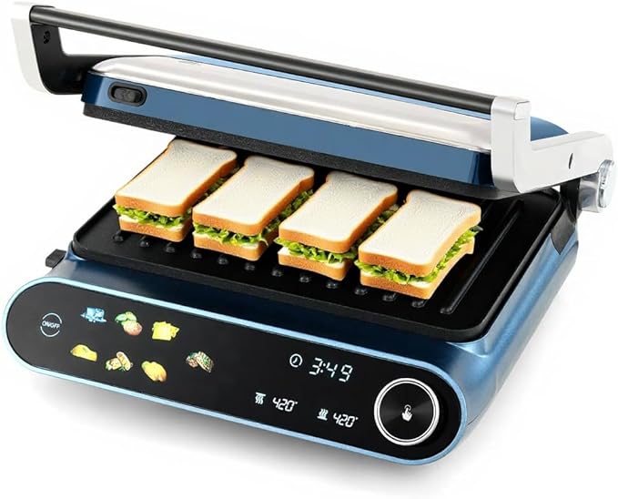 7-In-1 Sandwich Maker with LED Touch Panel & No-Stick Plates, Electric Panini
