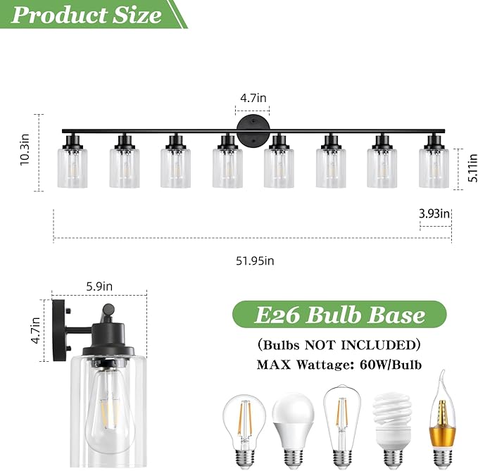 Guliaofo 8-Light Black Vanity Lights, Modern Bathroom Light Fixtures