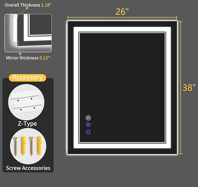 26"x38" Bathroom Mirror with Lights, Backlit + Front Lit, Led Vanity Mirror