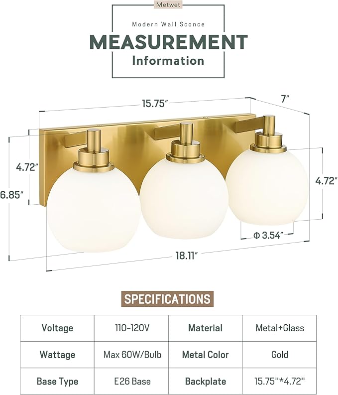 METWET Bathroom Light Fixtures, 3-Light Brushed Gold Vanity Light, Modern Wall
