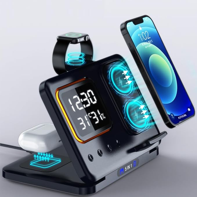 IHAO 5in1 Multi Functional Wireless Charging Station Digital Clock 15W Fast