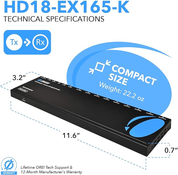 OREI 4K 1x8 HDMI Extender Splitter Multiple Over CAT 6/7 Cable