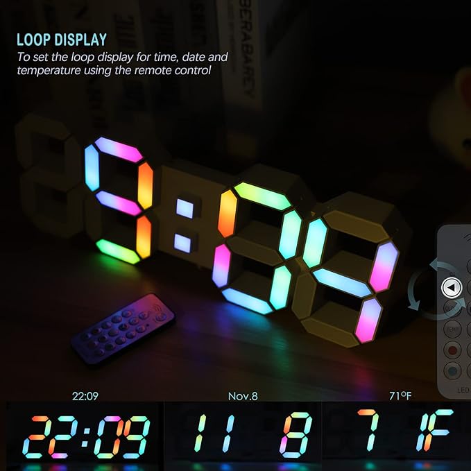 KOSUMOSU LED Wall Clock 15" RGB Digital LED Clock
