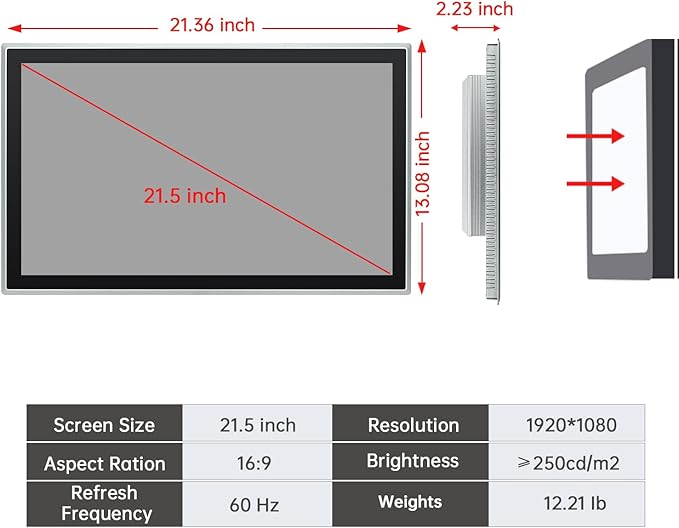 21.5-Inch Industrial Touch Screen Monitor, Ratio 16:9 Embedded PCAP Touchscreen
