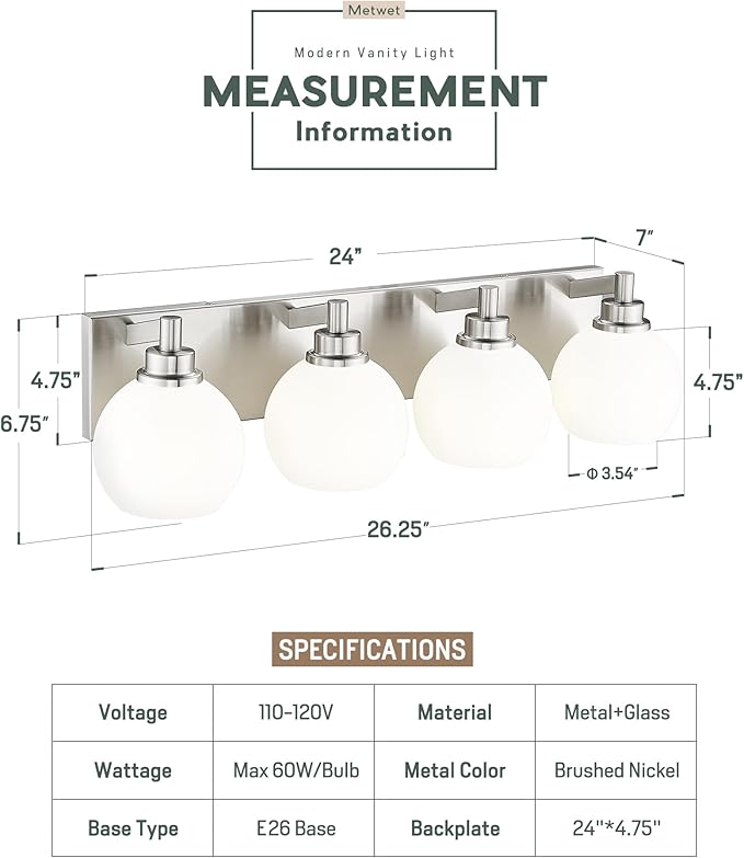 METWET Bathroom Light Fixtures, 4 Light Brushed Nickel Vanity Light, 26 Inch