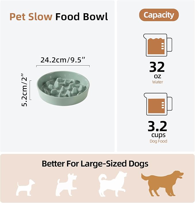 Ceramic 3.2 Cup Dog Bowl Slow Feeder, 9.5 inch Slow Pet Food Dish