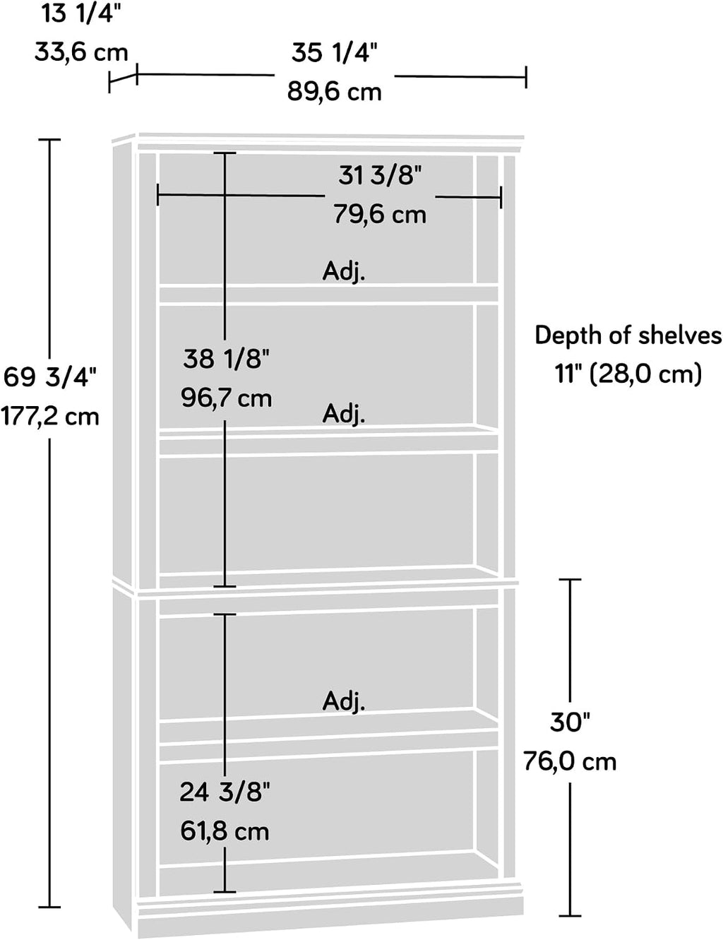 Sauder 5 Tier Book Shelf Wooden Bookcase Multipurpose Bookshelf for Home Office, Living Room, in Chalked Chestnut