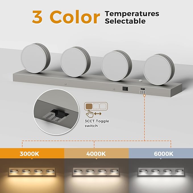 26" Motion Sensor Vanity Light Brushed Nickel, 3CCT 4-Light Modern LED Bathroom
