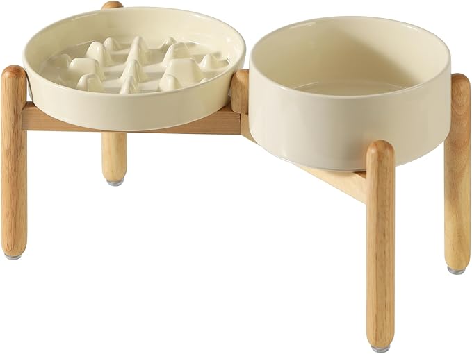 Ceramic Raised Slow Feeder Dog Bowl Set, Elevated 7.3inch Bowl and 8.2inch Slow