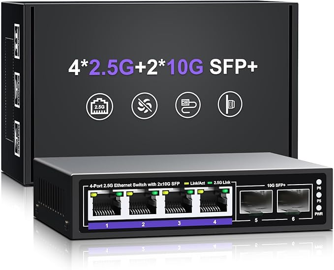 6 Port 2.5G Unmanaged Ethernet Switch, 4 x 2.5G Base-T Ports, 2 x 10G SFP+