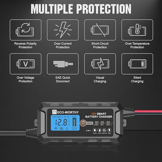 ECO-WORTHY 12V 5A Automatic Smart Battery Charger and Maintainer LCD Display