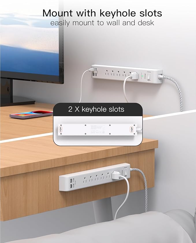 2 Pack Power Strip, 12FT Long Extension Cord, Surge Protector