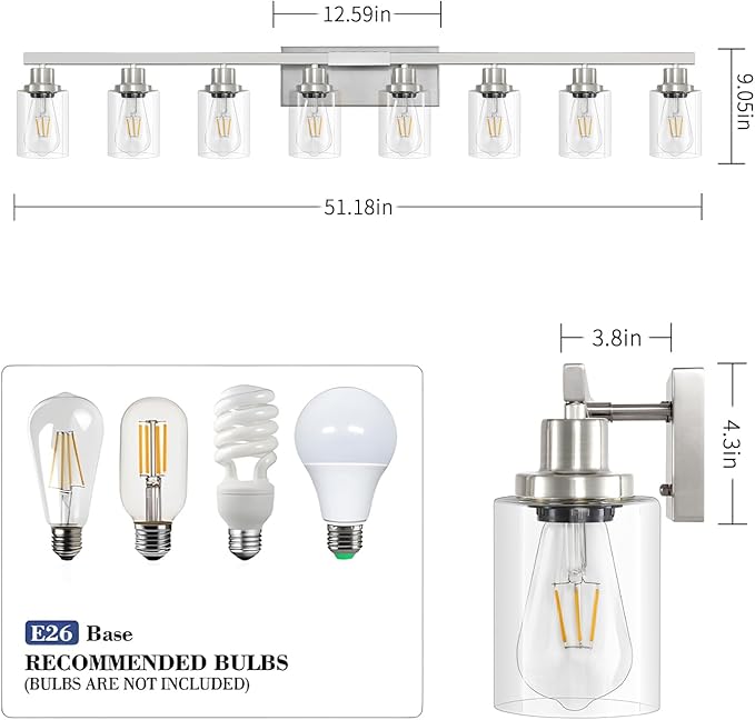DIKAIDA 52inch Brushed Nickel Vanity Light Fixtures, 8 Light Brushed Nickel