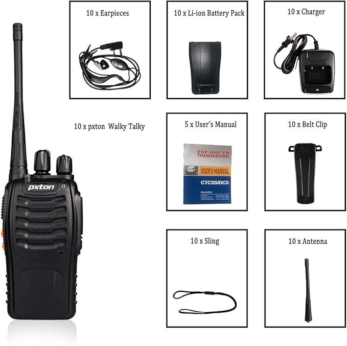 pxton Walkie Talkies for Adults Two Way Radios Long Range (10 Pack)