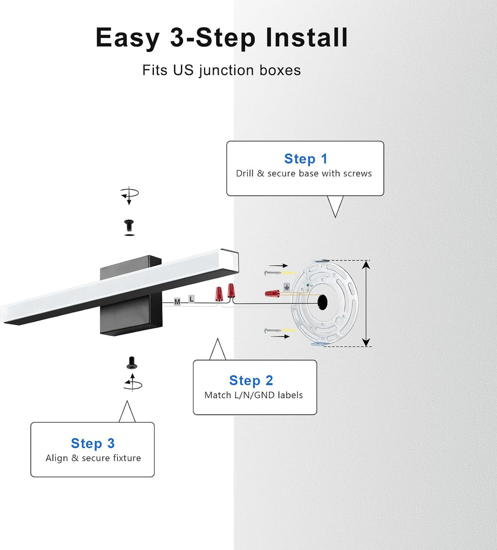 IZORRO Modern Bathroom Vanity Light 24 inch, Rotatable, 16W Dimmable Led Bathroom Light Fixture Over Mirror, Black Vanity Light Bar (Cool White 6000K)