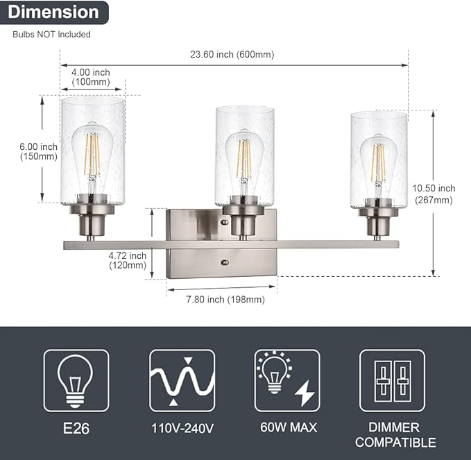 WINSHEN Bathroom Light Fixtures 3-Lights Seeded Glass in Brushed Nickel Finish