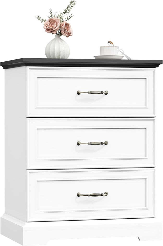Nightstand with 3 Large Drawers, Rustic Farmhouse Wood Small Dresser, Bedside