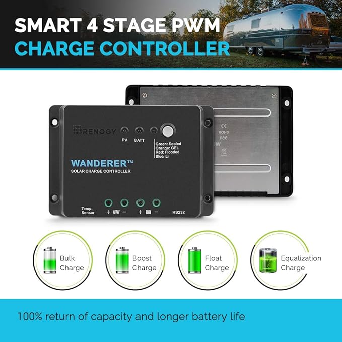 Renogy Wanderer Li 30A 12V PWM Negative Ground Solar Charge Controller Solar