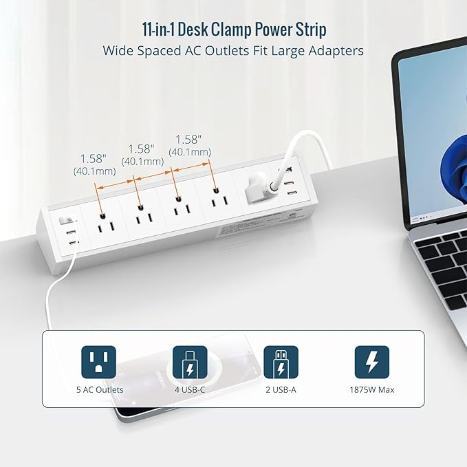 Tecmojo Desk Clamp Power Strip 5 Outlet