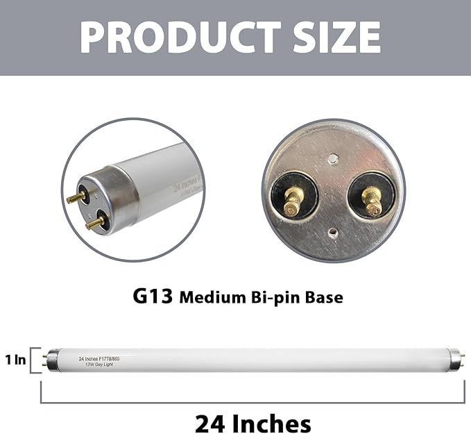 24 Inch F17T8/865 Fluorescent Bulb Daylight 6500K, 17 Watt T8 Light Bulb (8 Pack)