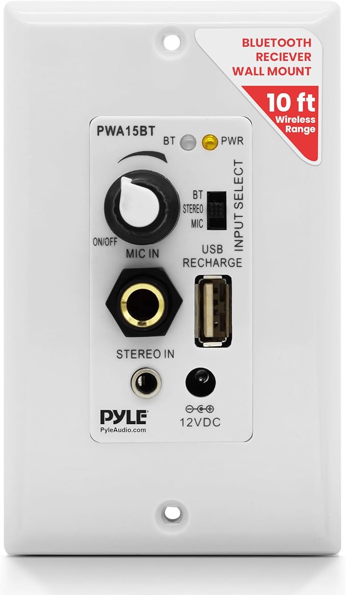 Pyle Wireless BT Receiver Wall Mount - 100W In-Wall Audio Control Receiver w/