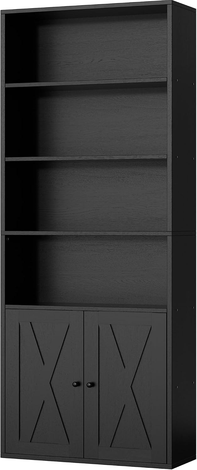 Shintenchi 6 Tier Bookshelf with Doors, Tall Standing Bookcase