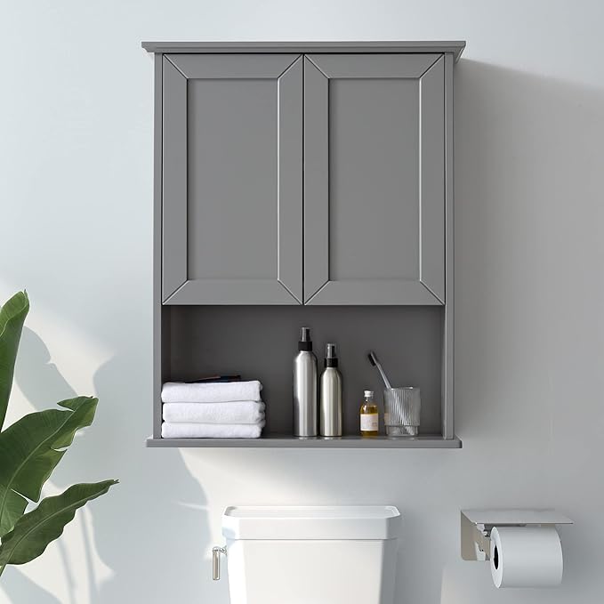 Grey Cabinet Wall Mounted with 2 Doors, Wooden Medicine Cabinet with Adjustable
