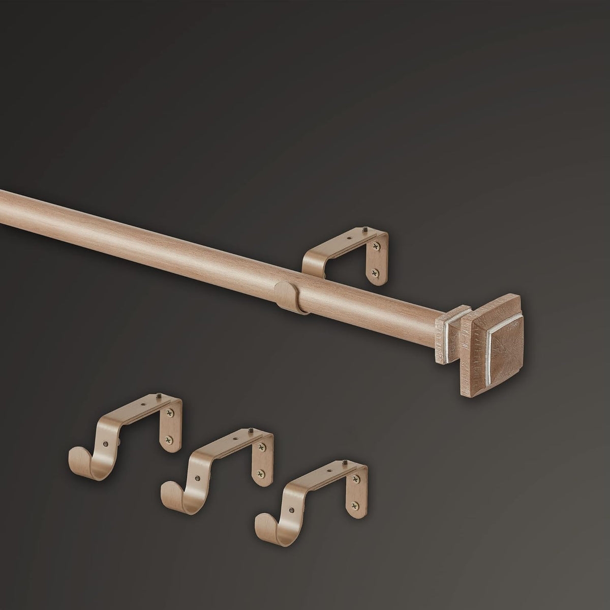 MODE Farmhouse Oak Curtain Rod, Square Finial - 76" to 144" | Strong 1-1/8" diameter adjustable steel rod and brackets, Easy to Install, Mounting Hardware Included, Supports up to 22 lb