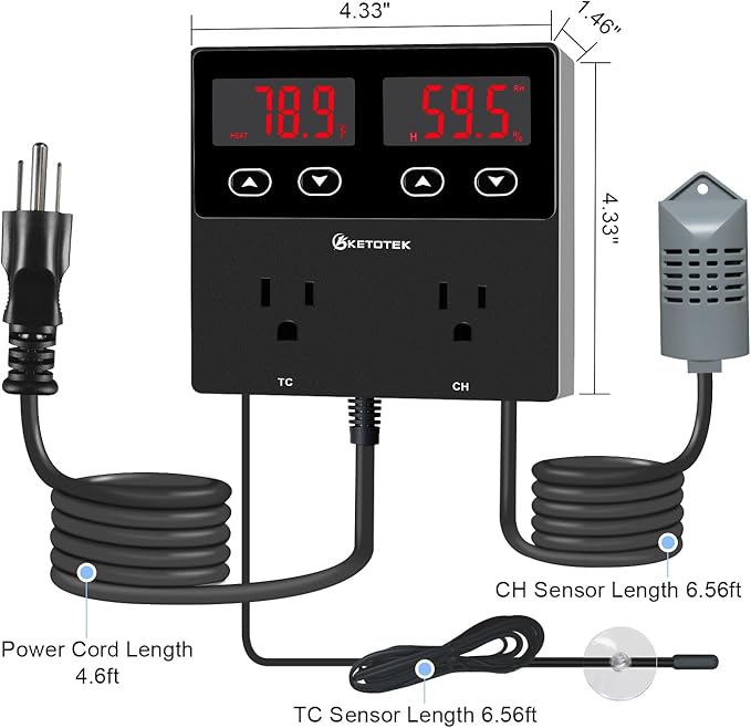 KETOTEK Digital Temperature and Humidity Controller Outlet, Reptile Thermostat