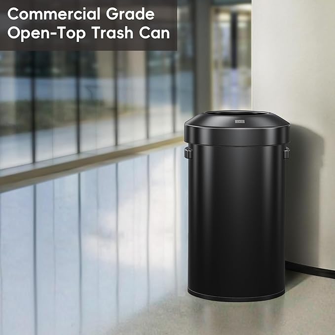 EKO 16-Gallon Round Black Stainless Steel Open Top Trash Can, Large Commercial