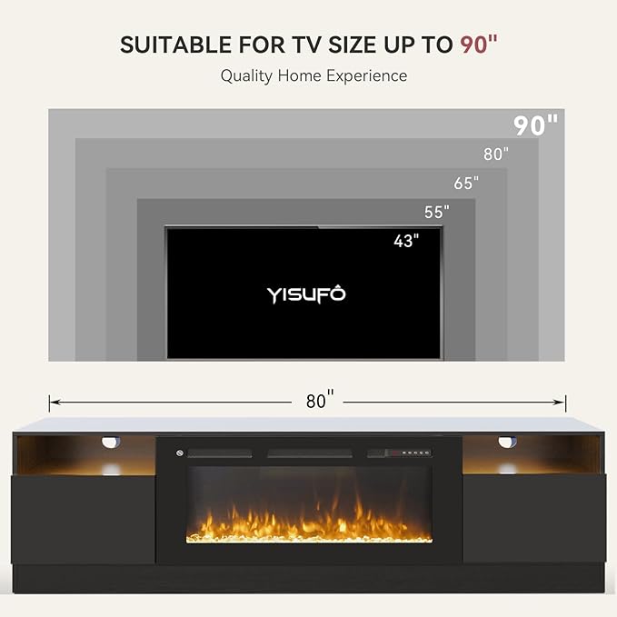 YISUFO 80” TV Stand with 36” Electric Fireplace, Large Modern Media