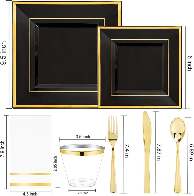 Festiva 350Pcs Black and Gold Plastic Plates-50Guests Disposable Square Black Dinnerware Set include 100 Plastic Plates,50Cups,150Plastic Cutlery,50Napkins for Halloween Party &Wedding&New Year