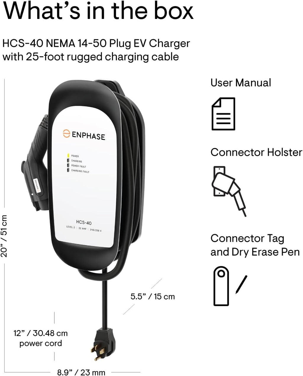 32 Amp Plug-in Level 2 EV Charger for Home, Enphase HCS-40 (Formerly ClipperCreek), NEMA 14-50, 5-Year Warranty, 25 ft Cable, J1772 Connector, up to 31 Miles of Range per Hour