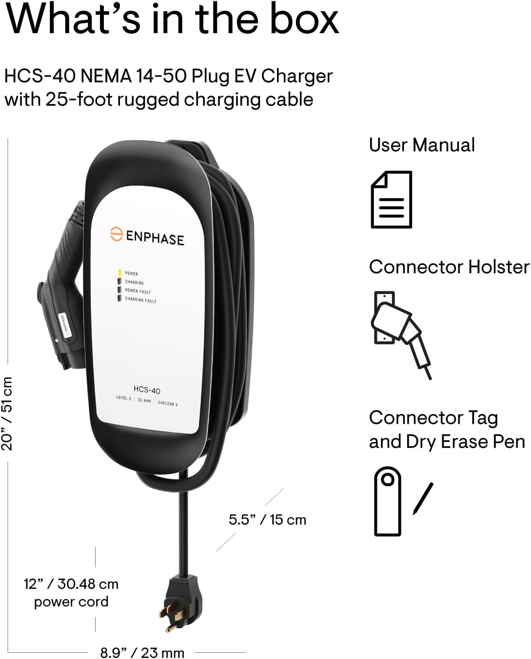 32 Amp Plug-in Level 2 EV Charger for Home, Enphase HCS-40 (Formerly ClipperCreek), NEMA 14-50, 5-Year Warranty, 25 ft Cable, J1772 Connector, up to 31 Miles of Range per Hour