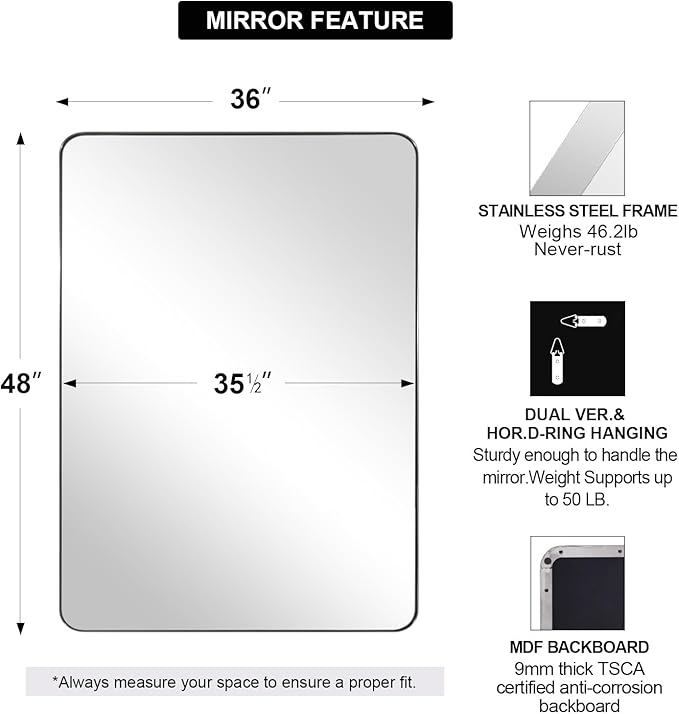 ANDY STAR 36"x48"Chrome Bathroom Mirror, Large Wall Mirror