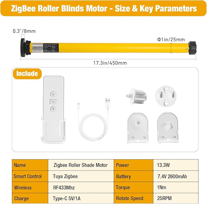 AM25 Zigbee Smart Blinds Motor for 1.5" Shade Tube, Type-C Rechargeable Window