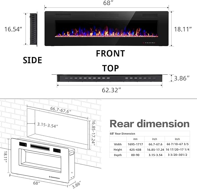 R.W.FLAME 68 inch Recessed and Wall Mounted Electric Fireplace, Ultra Thin and