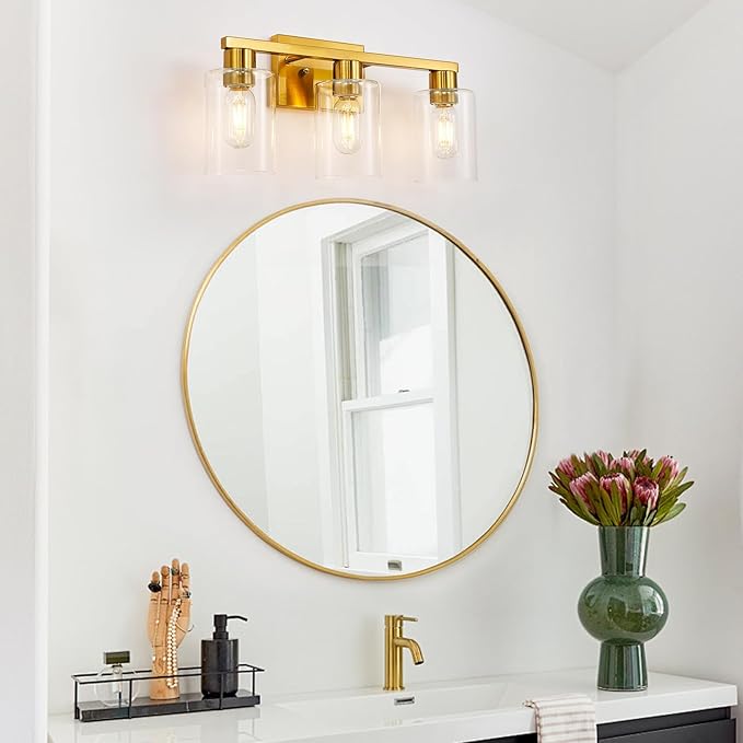 SOPEAS Gold 3-Light Bathroom Vanity Light, Modern Brushed Gold Vanity Lights