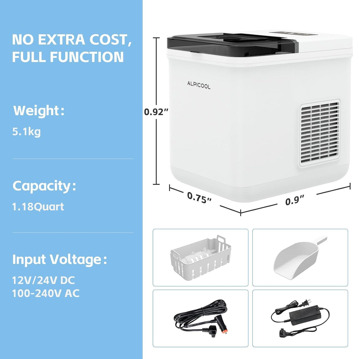 alpicool countertop bullet ice maker, ice machine 9, side view