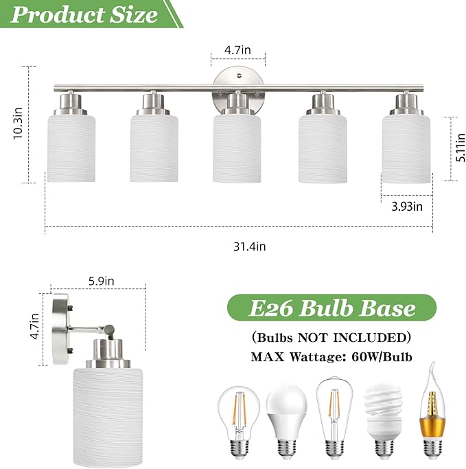 Guliaofo 5-Light Brushed Nickel Vanity Lights, Bathroom Light Fixtures