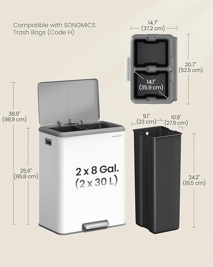 SONGMICS Trash Can, 2 x 8 Gallon Double Garabge Can