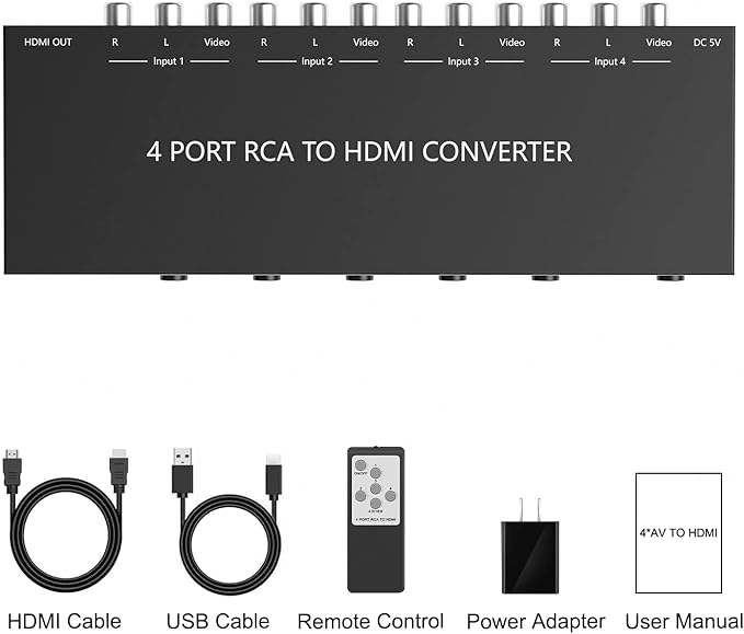 Azduou 4 AV to HDMI, 1080P/720P 4 Way RCA Composite CVBS AV Switch to HDMI