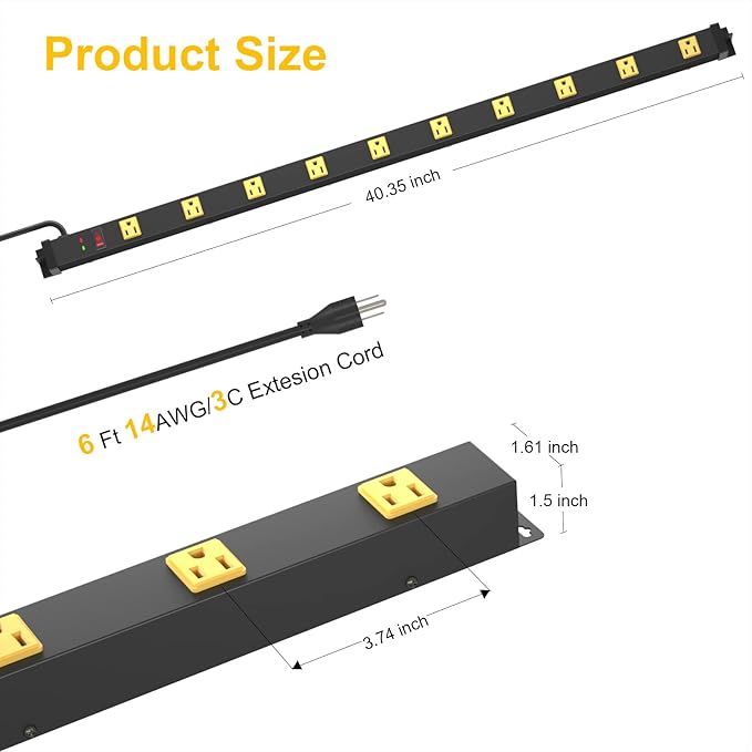 10 Outlet Surge Protector, Long Metal Wide Spaced Garage Industrial Power Strip (2Pack)