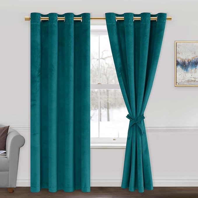 JIUZHEN Teal Velvet Curtains 72 inches Blackout Curtains (Set of 2)