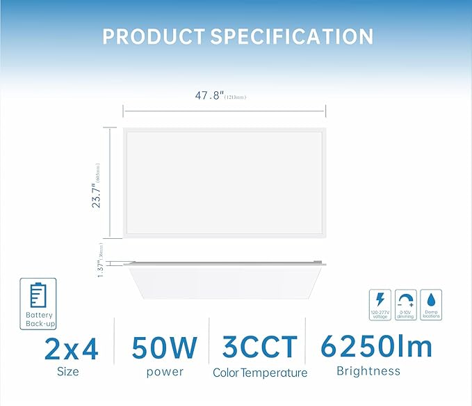 2X4 LED Flat Panel Light with Emergency Battery Backup, 50W 3000K/4000K/5000K (2 Pack)