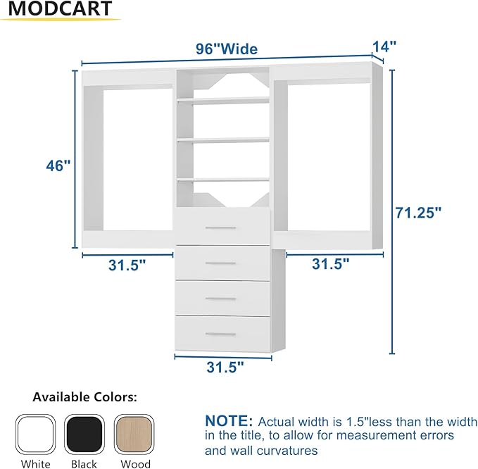 96" Modular Closet with Hanging and Drawers, Wall-Mounted Wardrobe Organizer