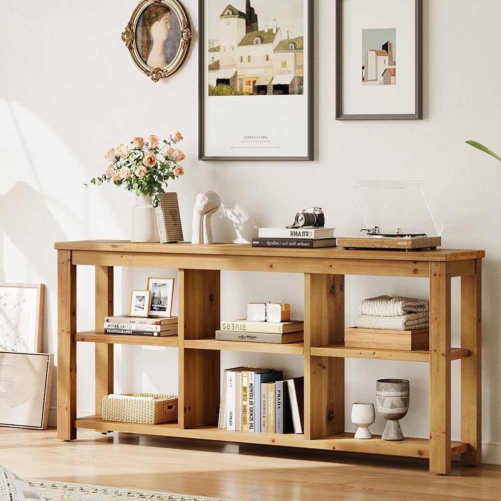 Solid Wood Horizontal Bookcase with Adjustable Shelves, 6 Cubes Storage Organ...